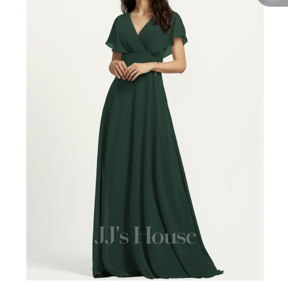 A-Line Floor Length Bridesmaid Dress, Short Sleeve V-Neck, Forest/Emerald Green